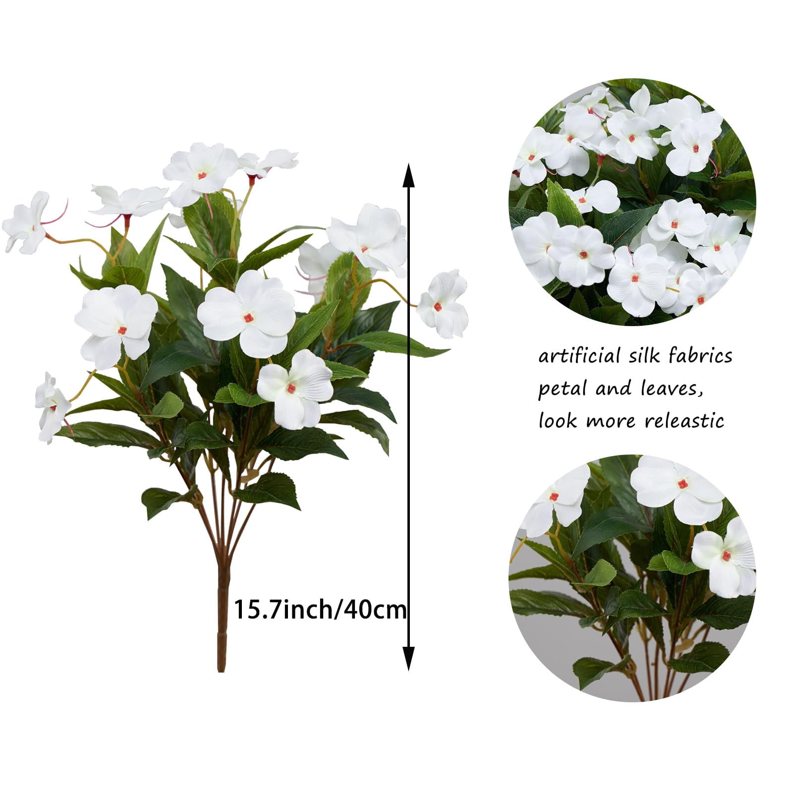 4 Pcs Artificial Flowers Outdoor Impatiens Silk Impatiens Flowers 15.74" White Faux Flowers Impatiens Bushes UV Resistant Artificial Impatiens for Pot Patio Lawn Garden Hanging Basket Porch Decor