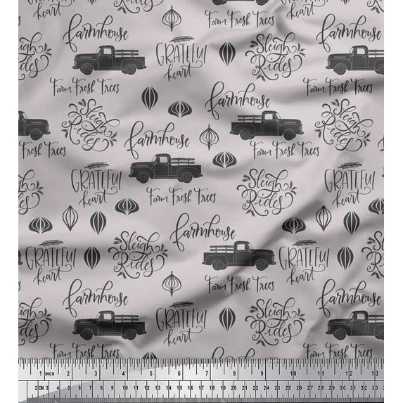 Soimoi Gray Rayon Fabric Cartruck & Farmhouse Text Print Fabric by the Yard 56 Inch Wide