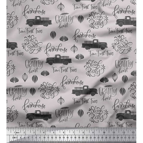 Soimoi Gray Velvet Fabric Cartruck & Farmhouse Text Printed Fabric 1 Yard 58 Inch Wide