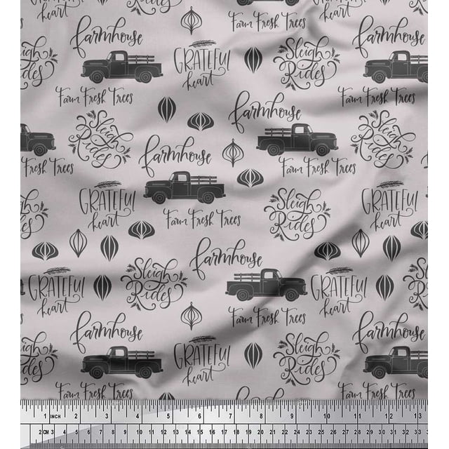 Soimoi Gray Poly Georgette Fabric Cartruck & Farmhouse Text Print Sewing Fabric Yard 52 Inch Wide