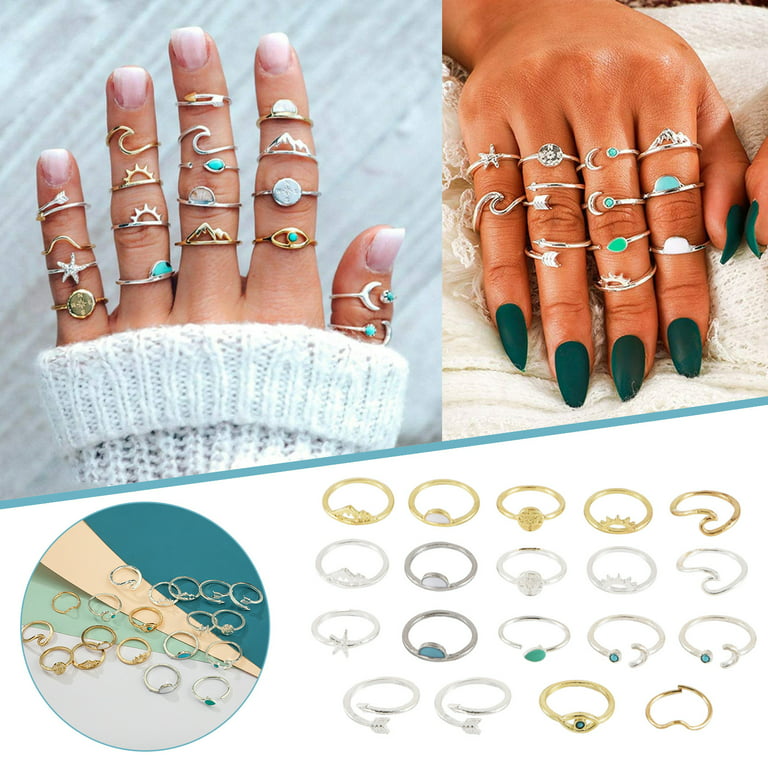 BuleStore 19 Pieces Of Star Moon Knuckle Ring Set Stackable Middle