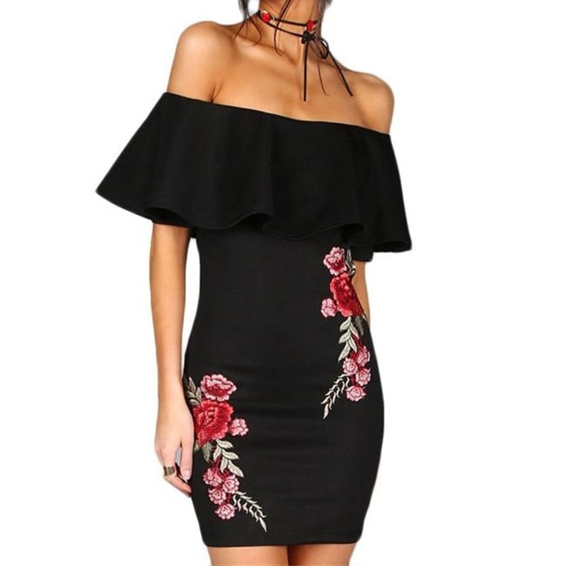 black dress with embroidered roses