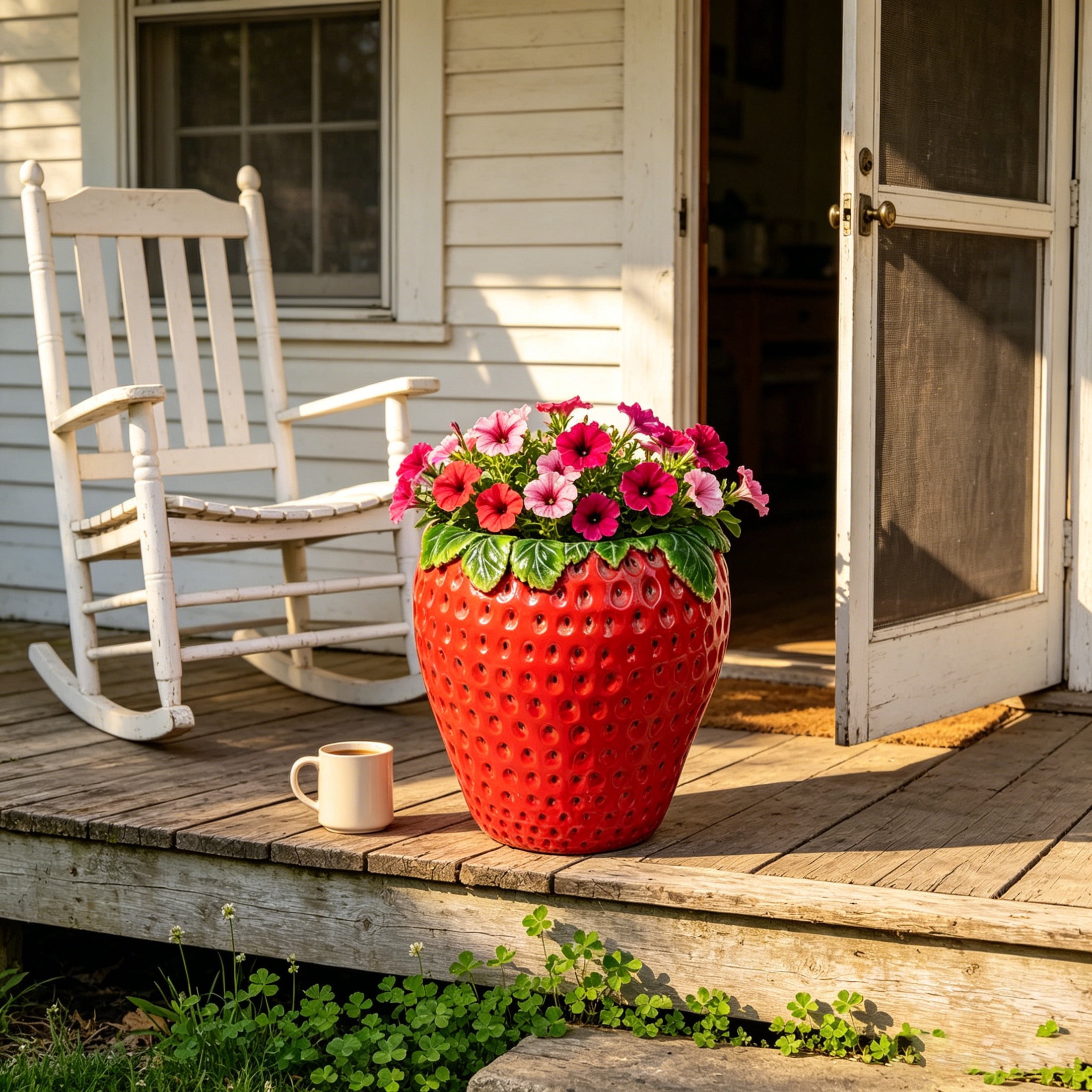 Noble House Strawberry Shaped Decorative Planter Pot & Flower Vase, Weather-Resistant Outdoor Garden Planter, Red
