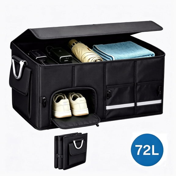 BN-LINK Collapsible Trunk Organizer, 24"L x 14"W x 12"H Car Trunk Organizer with Lid, Multi-Compartment Cargo Organizer for SUV, Truck, Sedan,Black