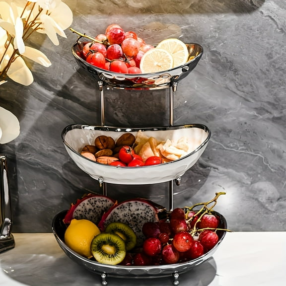 [Luxury Ceramic Fruit Bowl] 1pc Luxury Ceramic 3-Tier Fruit Bowl - Elegant Decorative Storage Basket - Large Capacity for Fruits, Nuts, and Snacks