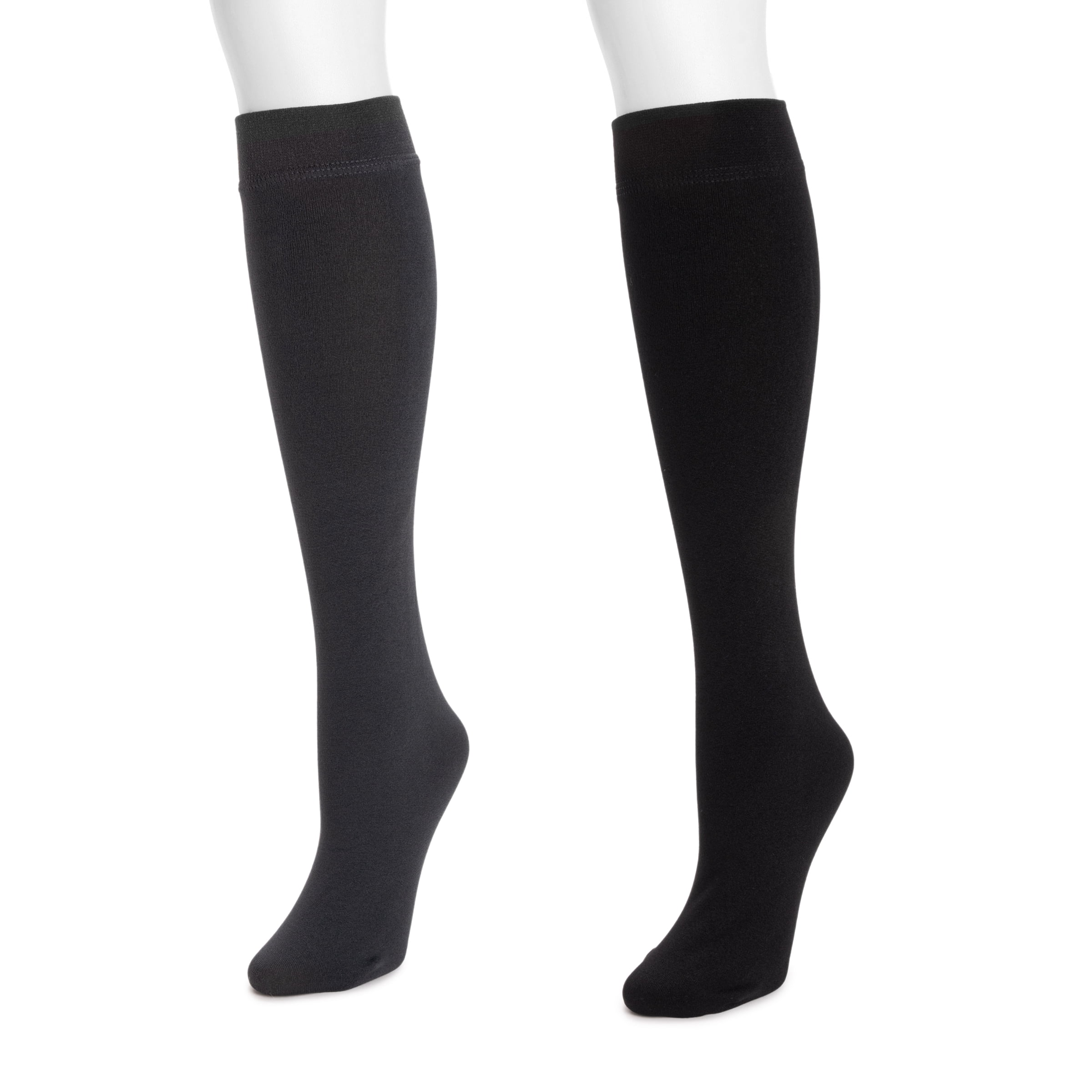 Muk Luks Women's 2 Pack Fleece Lined Knee High Socks, Blk/Dkgr, S/M
