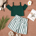 thumbnail image 2 of PatPat Kid Girls Cold Shoulder Camisole with Belted Stripe Shorts 2 Pieces Outfit Set Sizes 5-12, 2 of 6