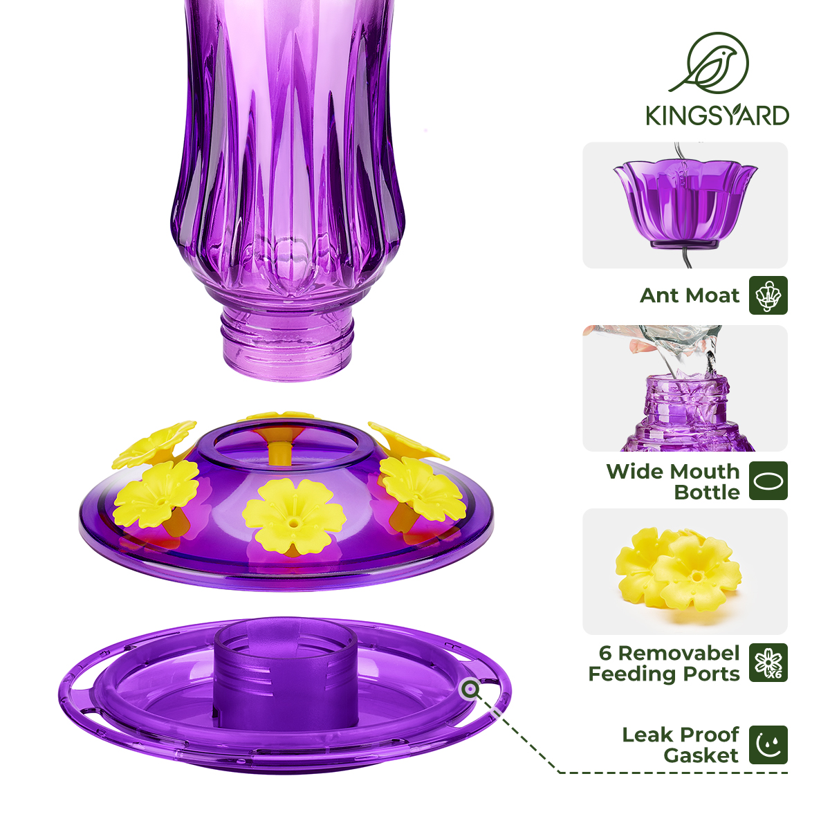 Kingsyard Hummingbird Feeder for Outdoors Hanging, 25 Ounces Leak Proof, Glass Humming Bird Nectar Feeder with Ant Moat & 6 Bee Guard Feeding Ports, Purple Gradient