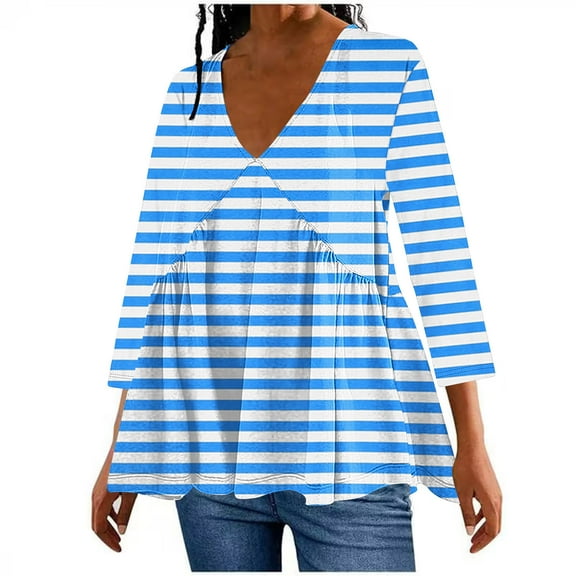 miqiqism Fashion Striped Tops For Women Trendy Long Sleeves Tshirts Juniors Flowy Loose Fit Blouses Teen Girls Deep V Neck Colorblock Pleated Pullover Clothing,Light Blue,XX-Large