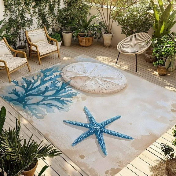 Fsddascl Blue Beige Coastal Outdoor Rug for Patio/Deck/Porch, Non-Slip Large Area Rug 4 x 6 Ft, Summer Beach Nautical Shell Coral Starfish Indoor Outdoor Rugs Washable Area Rugs, Camping Rug Carpet