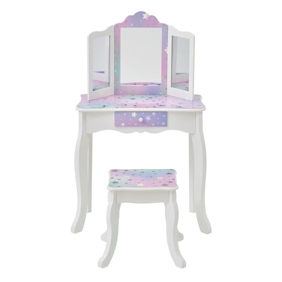 Fantasy Fields Gisele Starry Sky Wooden Kids Play Vanity Set with Tri-Fold Mirror & Stool, White & Lavender