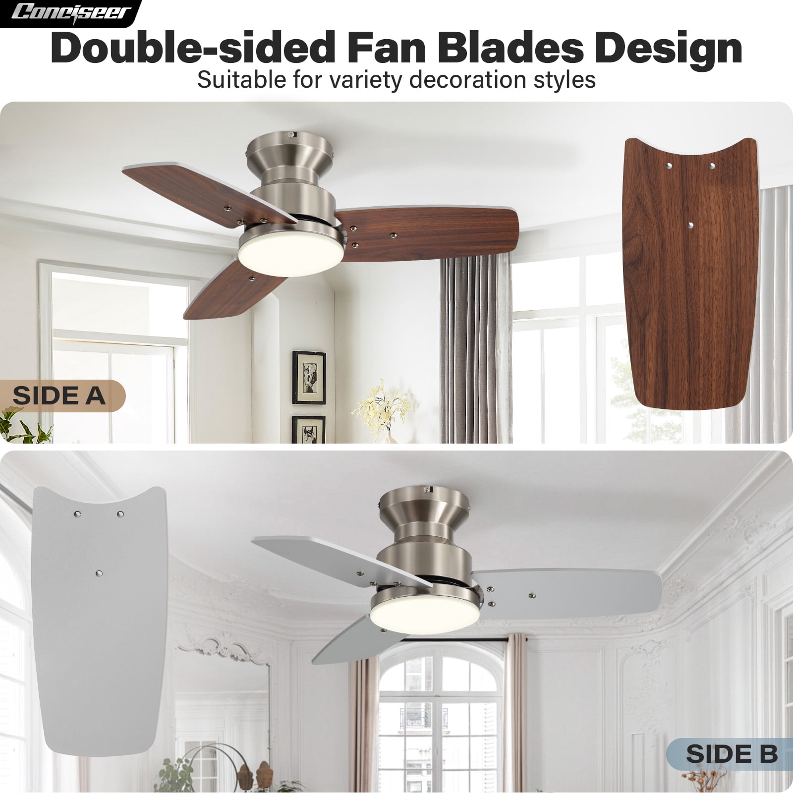 42 Inch Ceiling Fans with Lights and Remote, Bedroom Living Room Office, Flush Mount, 6CCT Dimmable, Dual Color 3 Blades 6 Speed Reversible Quiet DC Motor, Sand-nickel/Wood Grain, 2 Pack