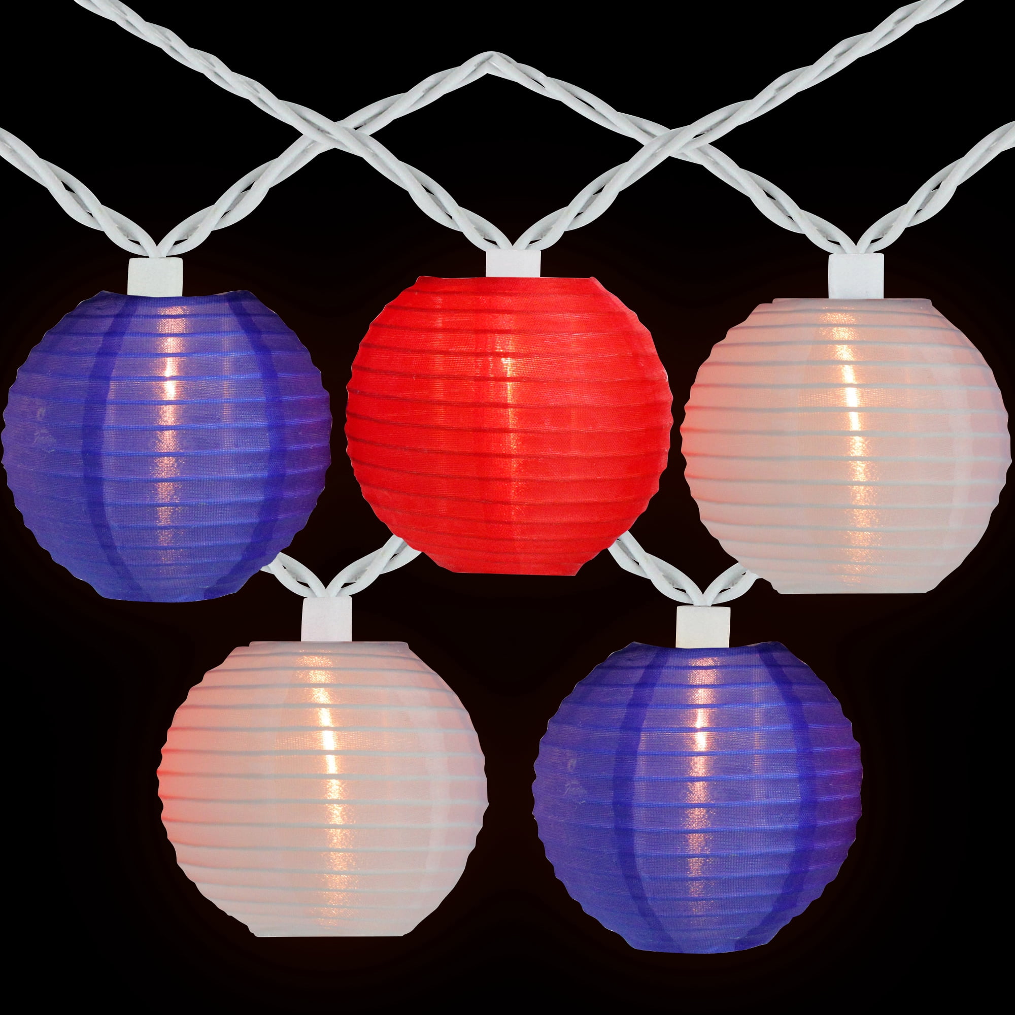 Set of 10 Red White and Blue Round Chinese Lantern Patio Lights - White Wire