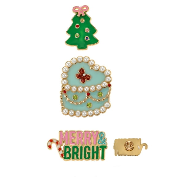 Holiday Time Christmas Tree, Dessert, Merry & Bright Brooch Set, 3 Pieces
