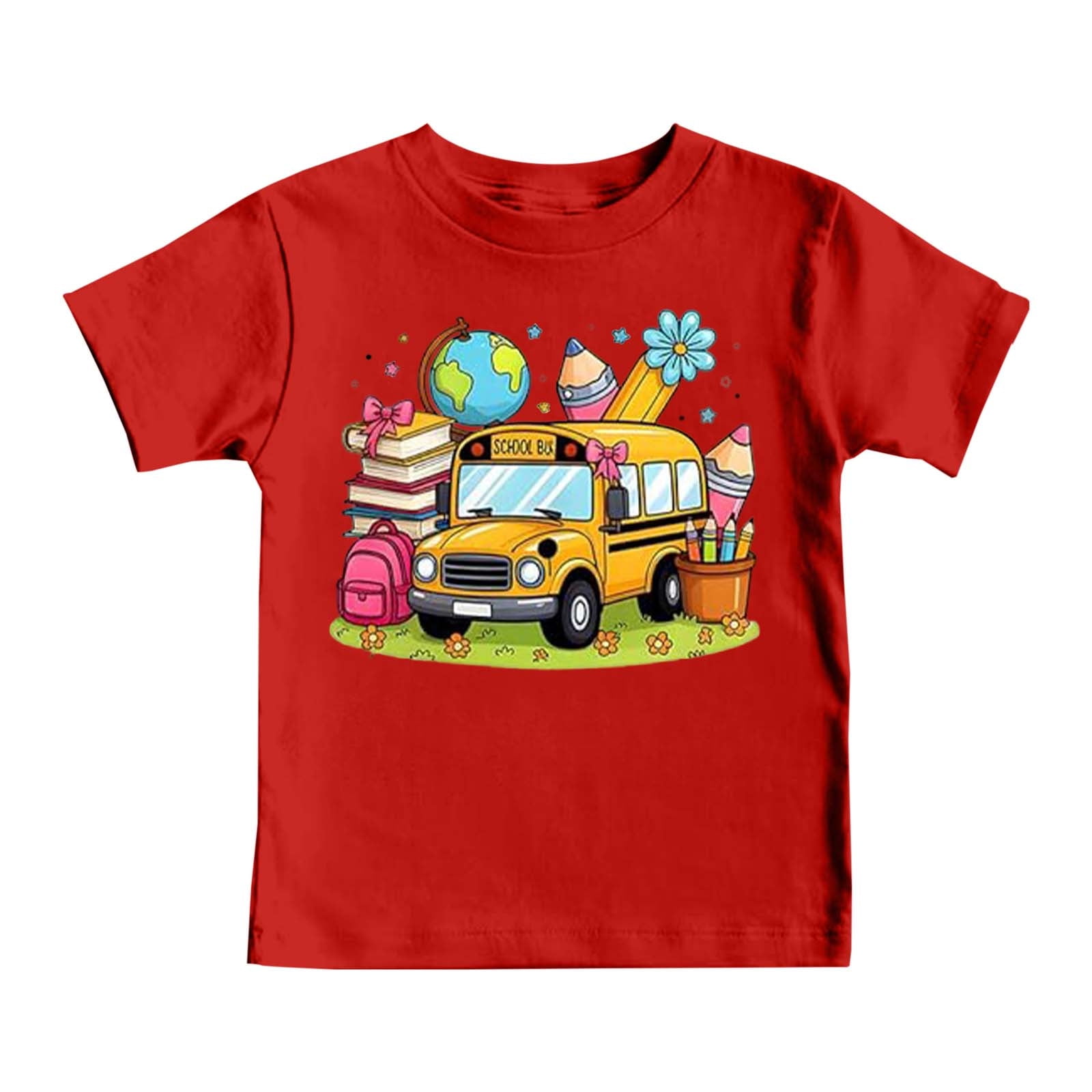 XUELUO Boys Shirts & Tops Kids Summer Back To School Cartoon Print Round Neck Short Sleeve Elastic Casual Comfortable Tops Tee Shirts Sportswear Red 7-8 Years