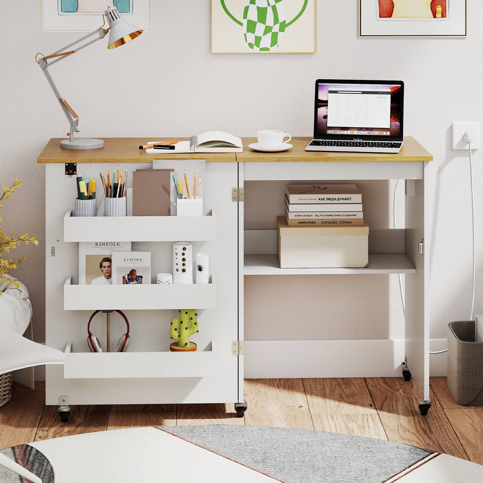 Costway Folding Sewing Table Rolling Craft Station with 3 Storage Bins & Charging Station White+natural