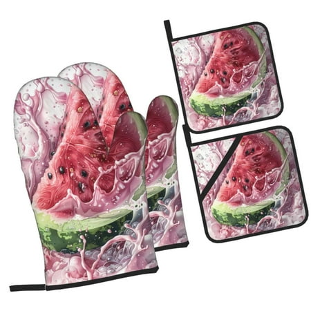 

Fotbe Watermelon Splash Realism Art for 4Pcs Oven Mitts and Pot Holders 500℉ Heat Resistant Oven Mitts Non-Slip Silicone Surface Safe for Baking Cooking BBQ