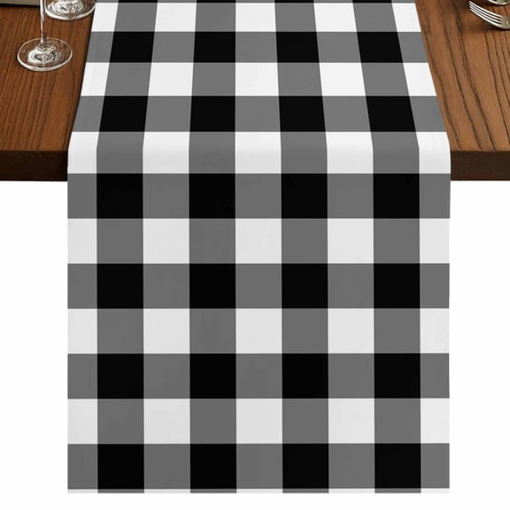 Black White Plaid Table Runner 108 Inches Long,Gradient Geometric Buffalo Checkered Cotton Linen Table Runners Dresser Scarves,Decorative Tabletop Scarf Furniture Cover for Home Dinner Party 13"x108"