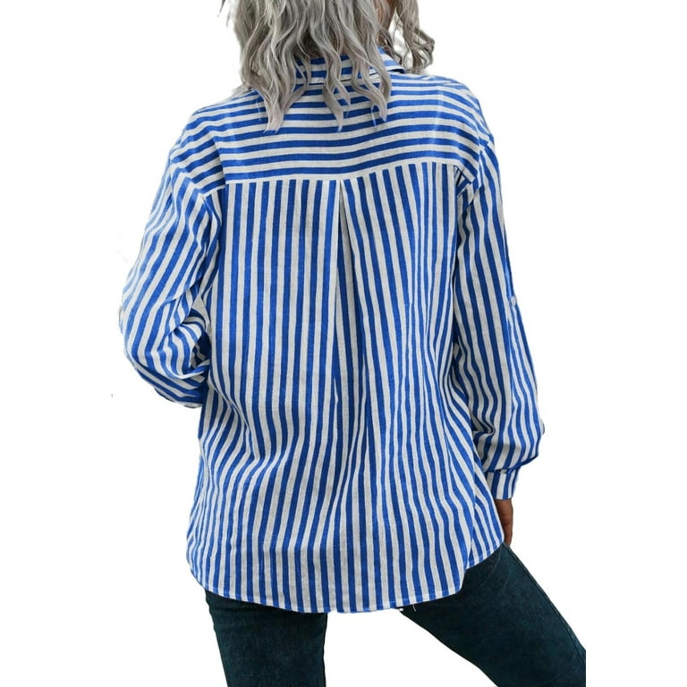 Womens Blouse Tops Striped Flap Pocket Drop Shoulder Shirt Blue