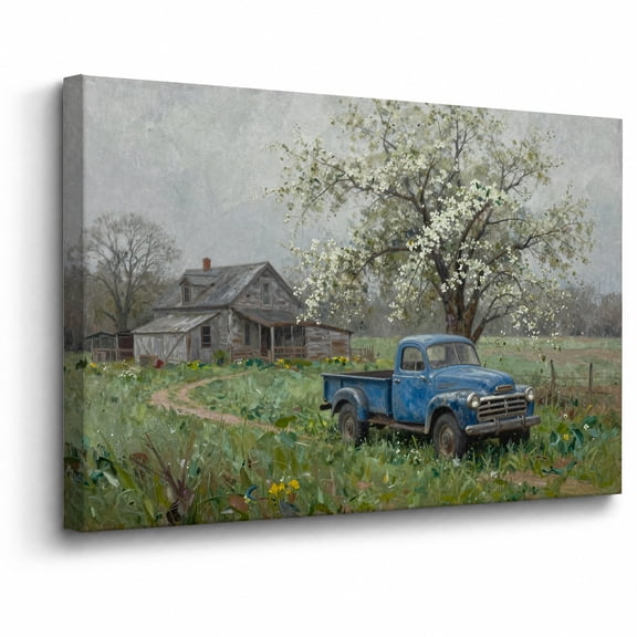Blossom Tree Canvas Wall Art Framed Decor Vintage Blue Truck and Farmhouse Landscape canvas print for bathroom bedroom or living room