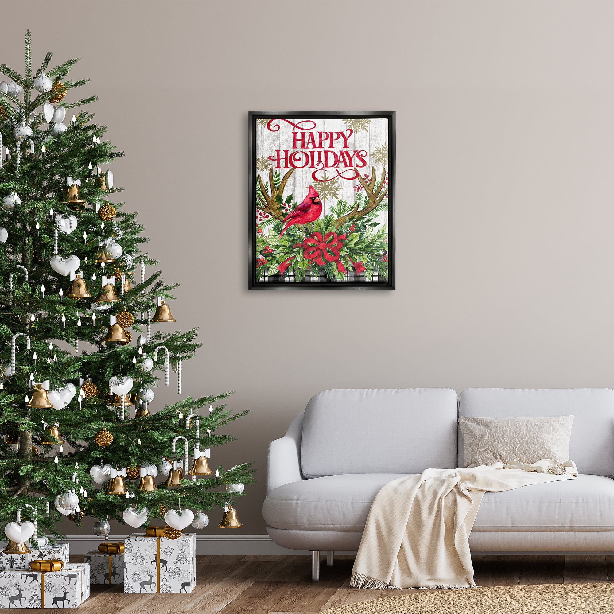 Stupell Industries Happy Holidays Cardinal Holiday Painting Black Floater Framed Canvas Art Print Wall Art, 25 x 31