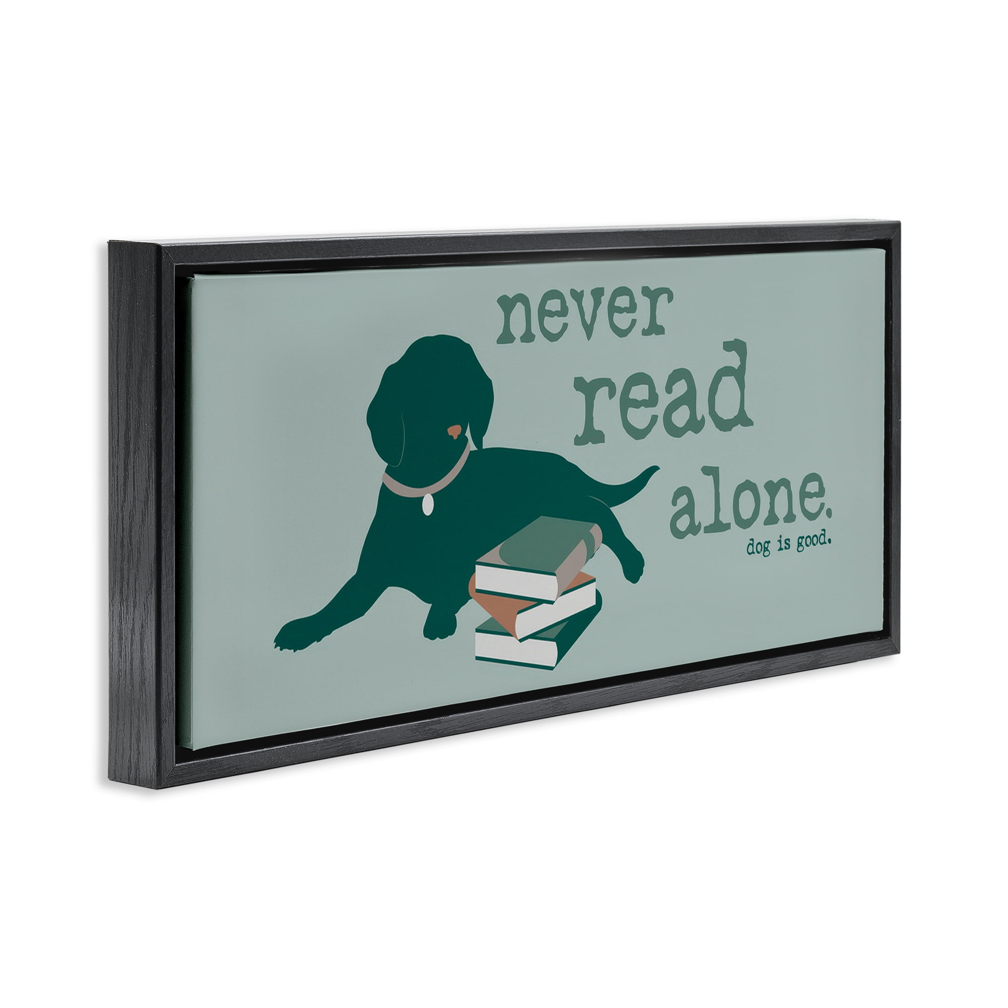 Stupell Industries Never Read Alone Dog Animals Painting Black Floater Framed Canvas Art Print Wall Art, 31 x 14