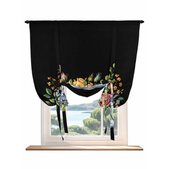 Pink Spring Floral Tie Up Curtains for Windows 45 Inch Length Balloon Curtains Kitchen Adjustable Balloon Window Shade Watercolor Black Botanical Farmhouse Tie Up Bathroom Curtain Window 42"x45"