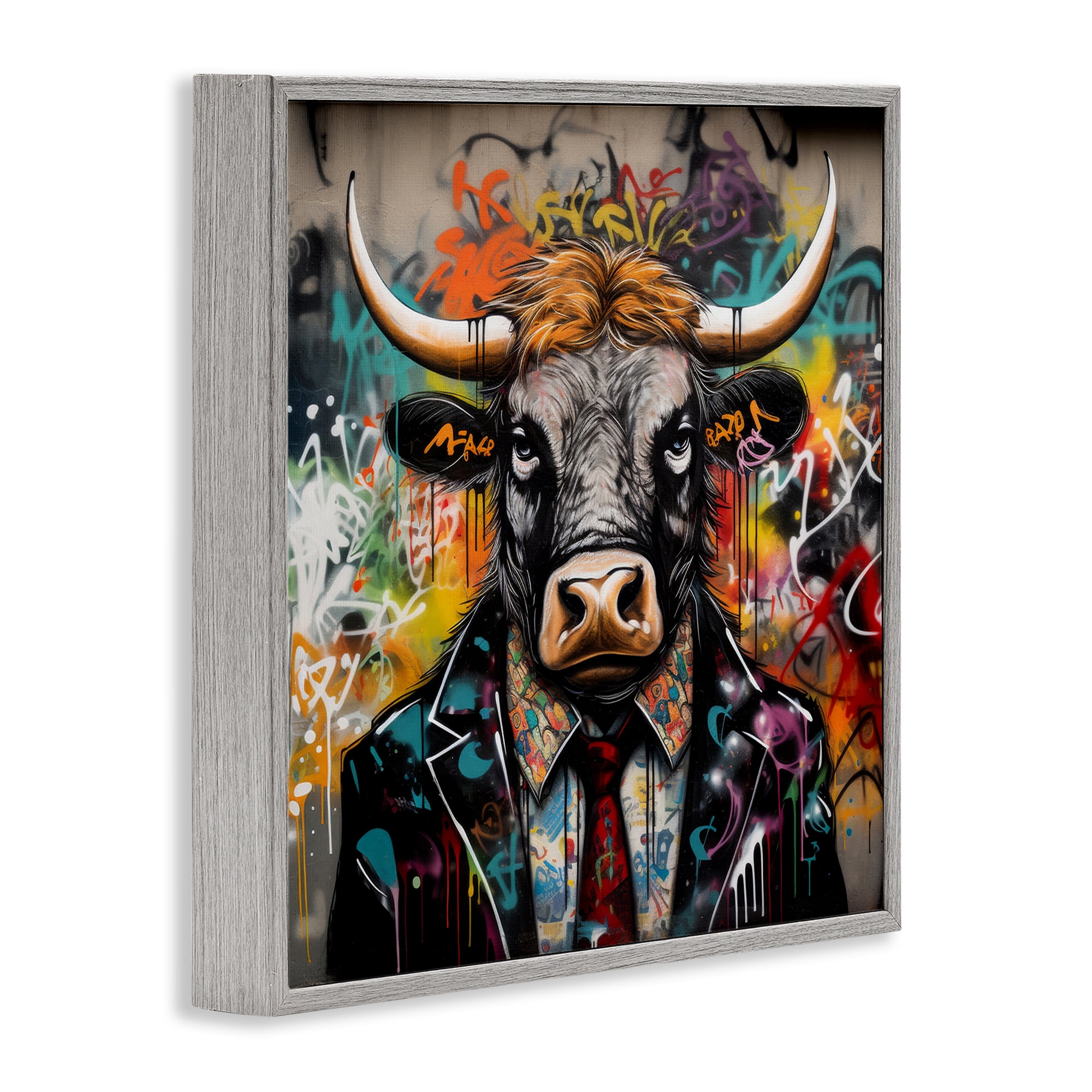 Stupell Industries Urban Graffiti Bull Animals & Insects Painting Gray Framed Art Print Wall Art, 12 x 12