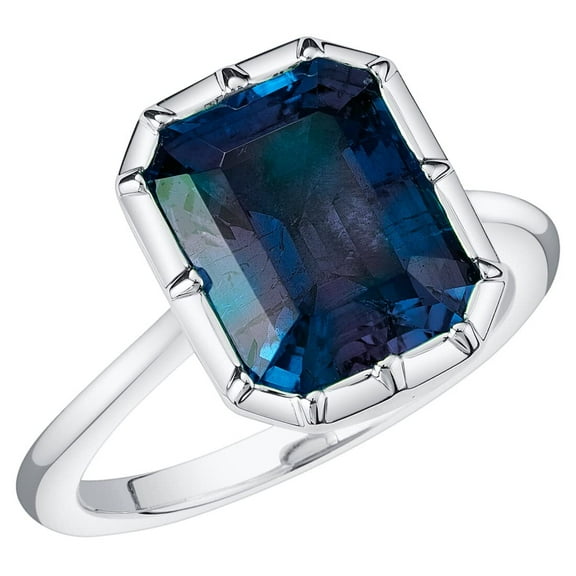 PEORA 5.25 Carats Created Alexandrite Ring in 14K White Gold, Color-Changing Emerald Cut, Size 9.5