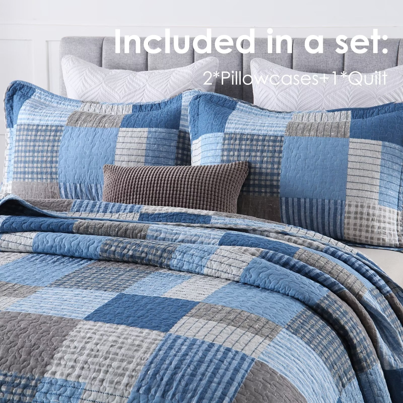 Bedduvit Cotton Quilt Queen Size - 3 Pieces 100% Cotton Lightweight Soft Blue Brown Queen Quilt Set with 2 Pillow Shams,Reversible Striped Plaid Queen Bedspread/Coverlet/Bedding Set for All Seasons