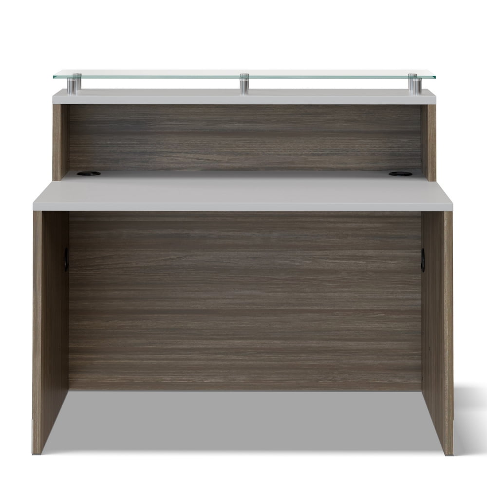 NBF Modern Small Reception Desk Counter Office Lobby Salon Durable Driftwood Laminate Cable Management Desk Compact 48"W x 32"D