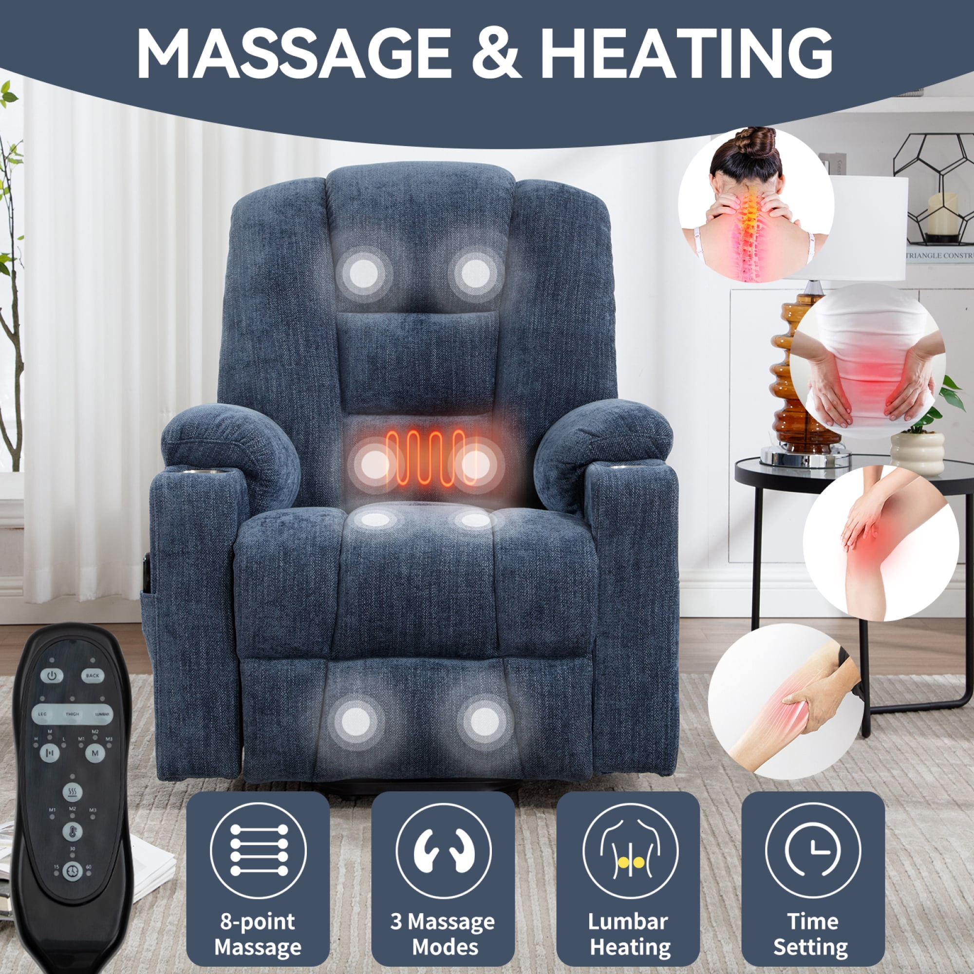Large Power Lift Recliner Chair with Massage and Heat for Elderly,Chenille Overstuffed Wide Recliners with USB and Type C Ports, 2 Steel Cup Holders,Blue