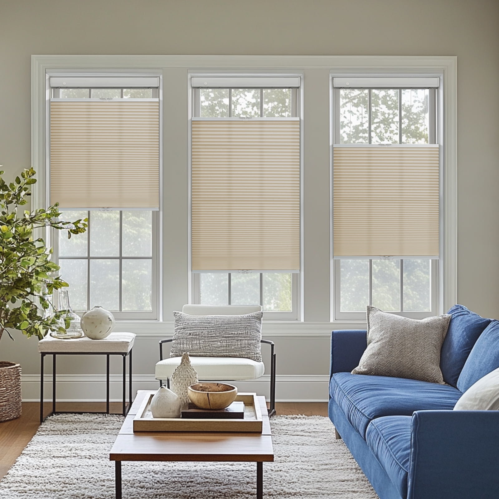 Keego New Upgraded No Drill Cellular Shades Top Down Bottom Up Honeycomb Blinds Cordless Window Blinds Easy to Install Cellular Shade for Windows, Light Filtering - Sand, 53"W x 56"H