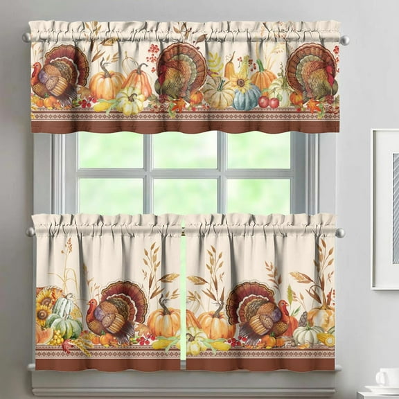 Fall Thanksgiving Kitchen Curtains Set of 3, Pumpkin Turkey Sunflower Harvest Fall Kitchen Decor,Fall Thanksgiving Curtains and Valances for Living Room Bedroom Kitchen Cafe Thanksgiving Decor 24 Inch