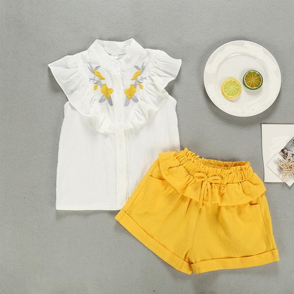 Amidoa Girls 2 Piece Outfits Summer Clothes Soft Short Sleeve T Shirts and Casual Shorts Kids Clothing Sets Yellow Size 8