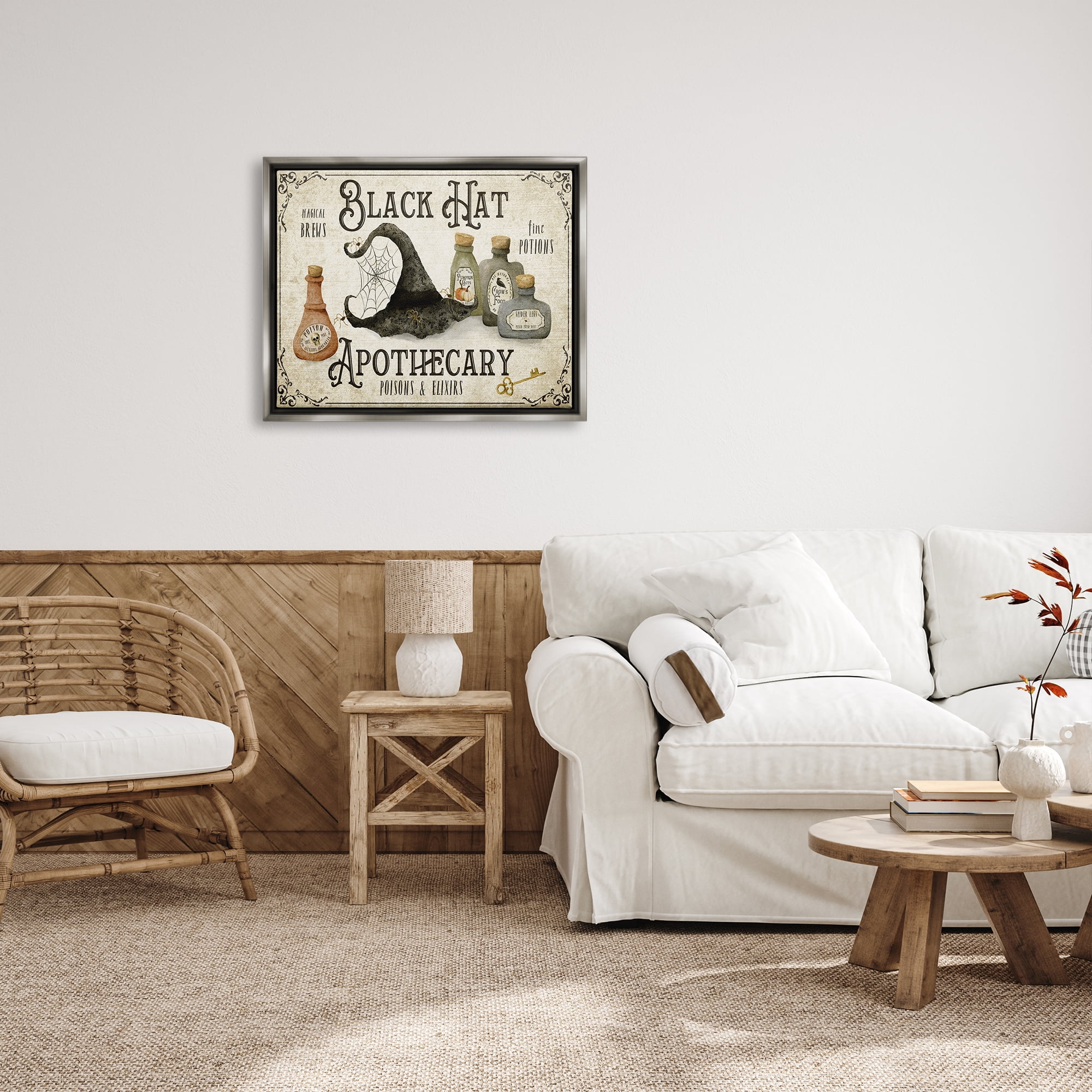 Stupell Industries Black Hat Apothecary Potions Holiday Painting Gray Floater Framed Canvas Art Print Wall Art, 31 x 25