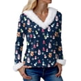 thumbnail image 6 of adviicd Women Christmas Tops Faux Fur Trim Long Sleeve Sweatshirt V Neck Graphic Holiday Shirts Fun Dressy Pullover Top (Navy, XL), 6 of 7