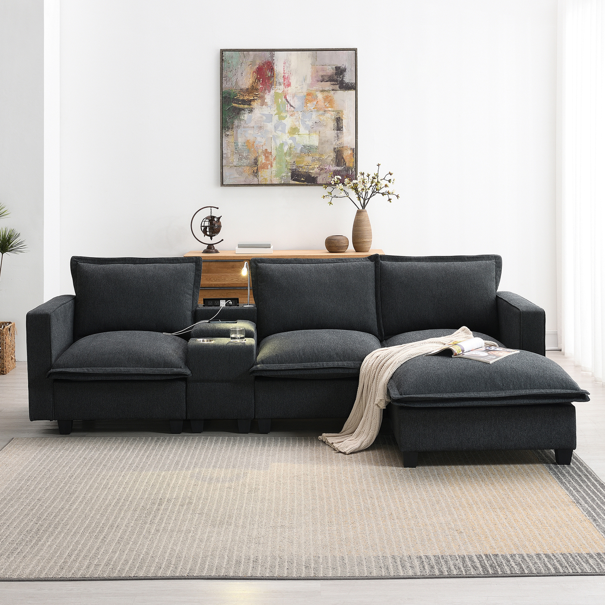 EUROCO 109" Modern Sectional Cloud Sofa, 4 Seat Chenille Modular Couch with Console, USB Charging Port, Reading Light, Cup Holder, Storable Indoor Funiture with Convertible Ottoman, Grey