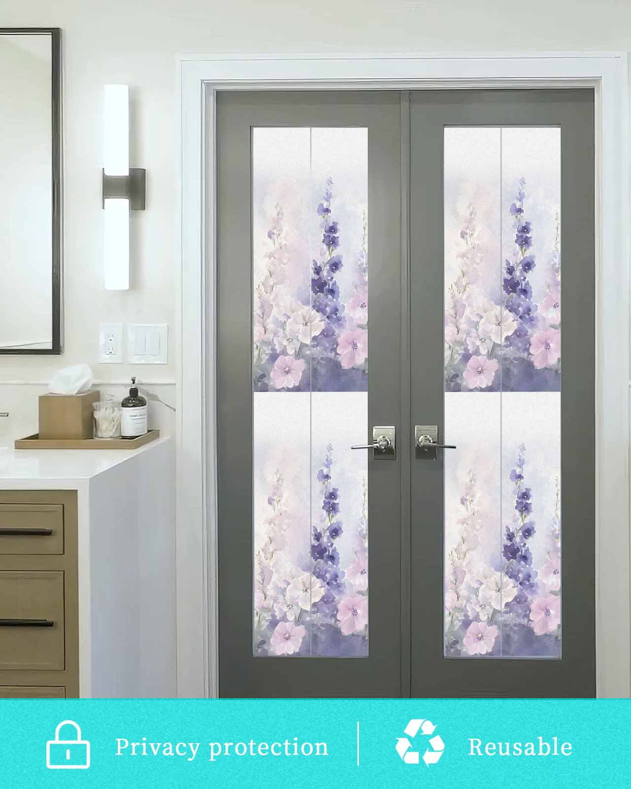 Window Privacy Film Lavender Stained Glass Window Film Decorative Sun Block Window Cover Pastoral Pastel Purple Pink Wildflower Window Clings Static Adhesive Sticker for Bathroom 17.7"x78.7"