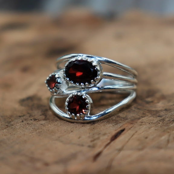 Natural Red Garnet Ring, 925 Sterling Silver Ring, Handmade Ring, Triple Garnet Ring, Split Band Ring, Statement Ring, Anniversary Ring,....