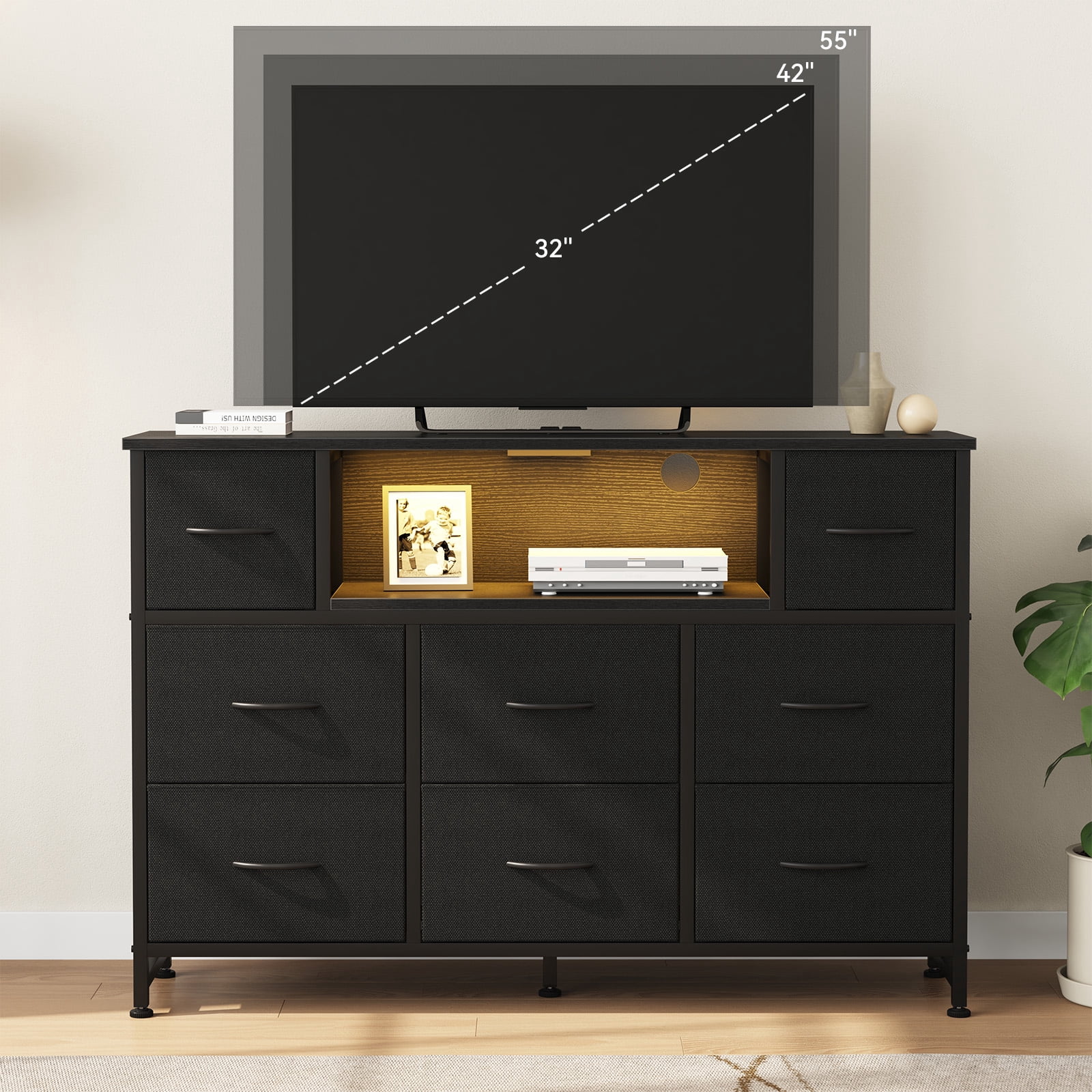 CONCETTA 55 inch TV Stand Dresser, 8 Fabric Drawers Storage Organizer for Bedroom Living Room, LED & Charging Station, Black