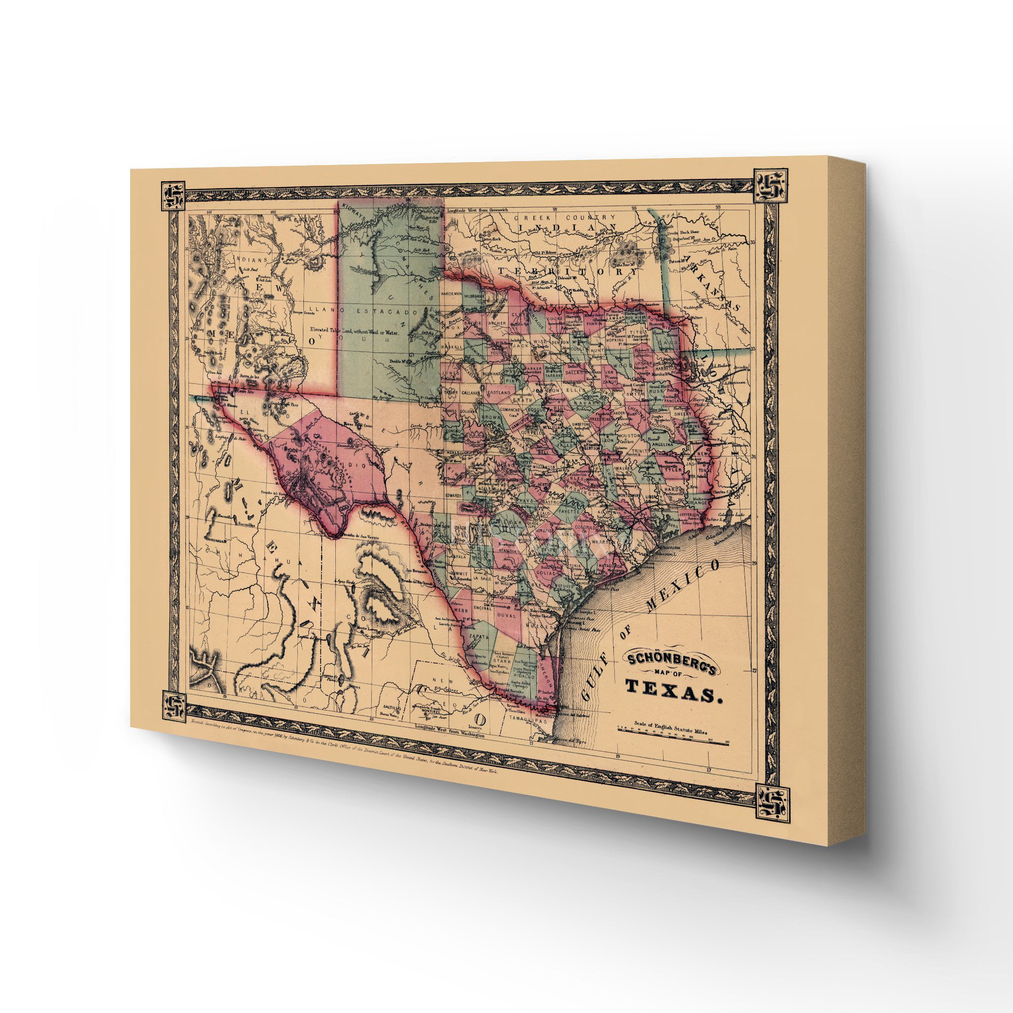 1866 Texas and Southwest United States Map Wall Art Poster Schonberg Print Decor 