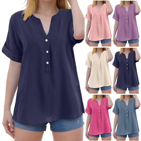 yueewhu Linen Tops for Women Summer Work Shirts Trendy Button Down V Neck Boho Clothes Spring Tops for Women 2026 (Purple, XL)