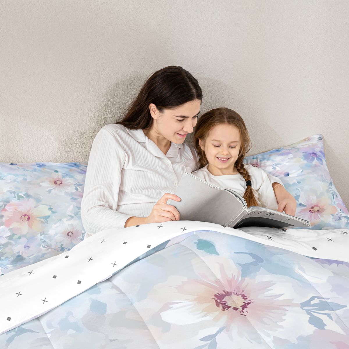 Homewish Graffiti Rustic Floral 7 Pieces Bedding Comforter Set,Spring Natural Theme Full Bedding Set,Blue Flower Fitted Sheet Flat Sheet For Girls Boys,Luxury Bedroom Decor Reversible