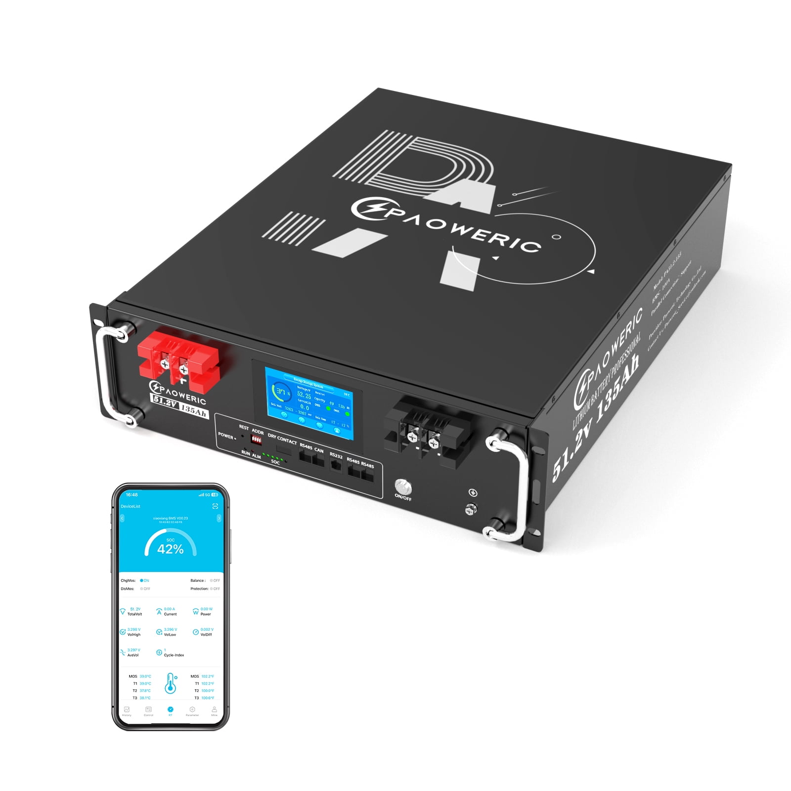 48V 135Ah LiFePO4 Battery - Server Rack with Smart 100A BMS, Touch Screen & APP Control, 6912WH Energy, Ideal for Solar/Off-Grid Energy Storage