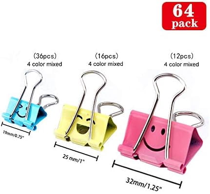 【64pack】 Binder Clips, Quivanta Paper Clips,Paper Clamps with Colored Cute Hollow Smiling Face,64 Pcs Assorted Size Clip, for Office,Teacher Gifts and Kitchen (BC-64pack)