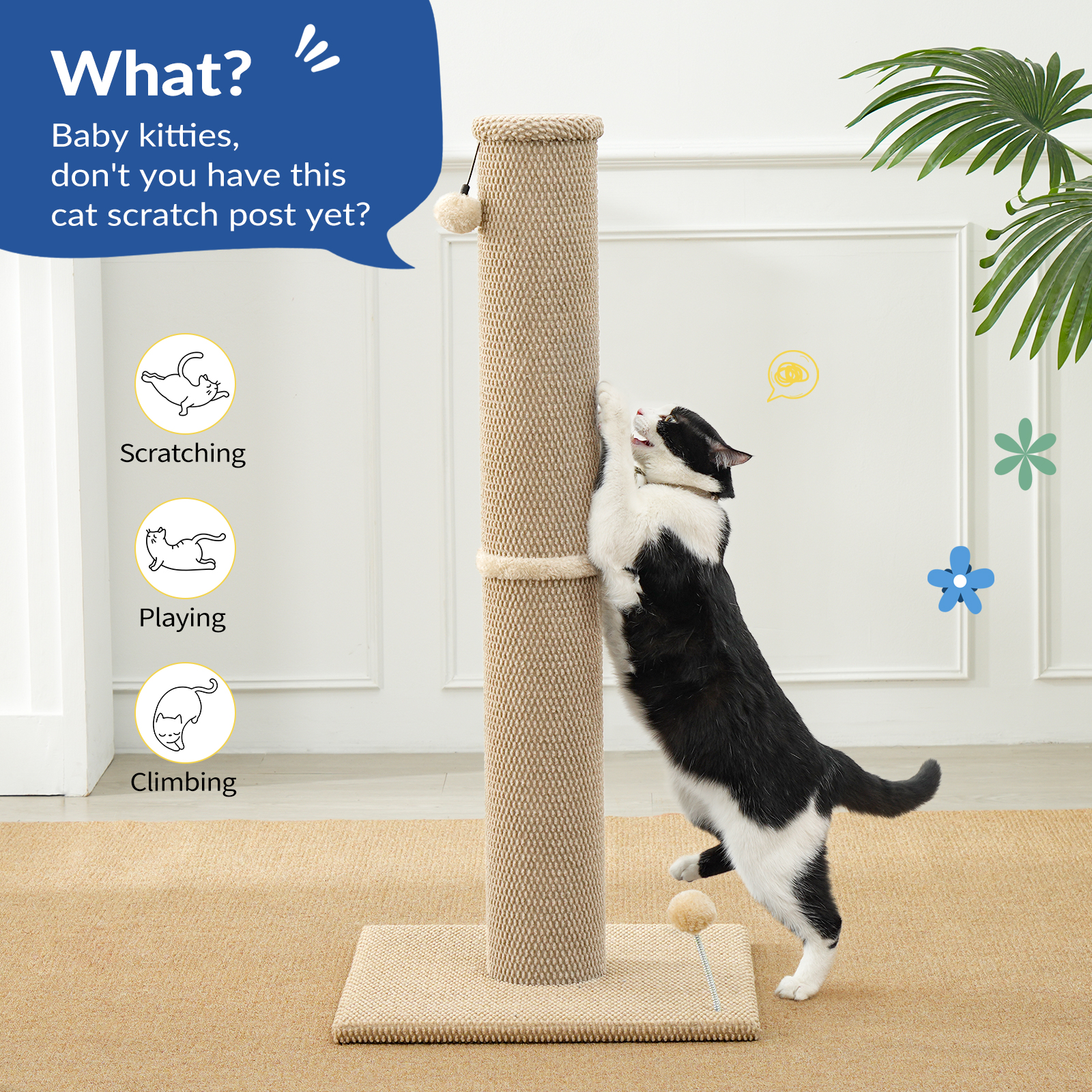 Cat Craft 41.73 ” Beige Faux Fur Large Cat Scratching Post with Replaceable Toys and Sturdy Base