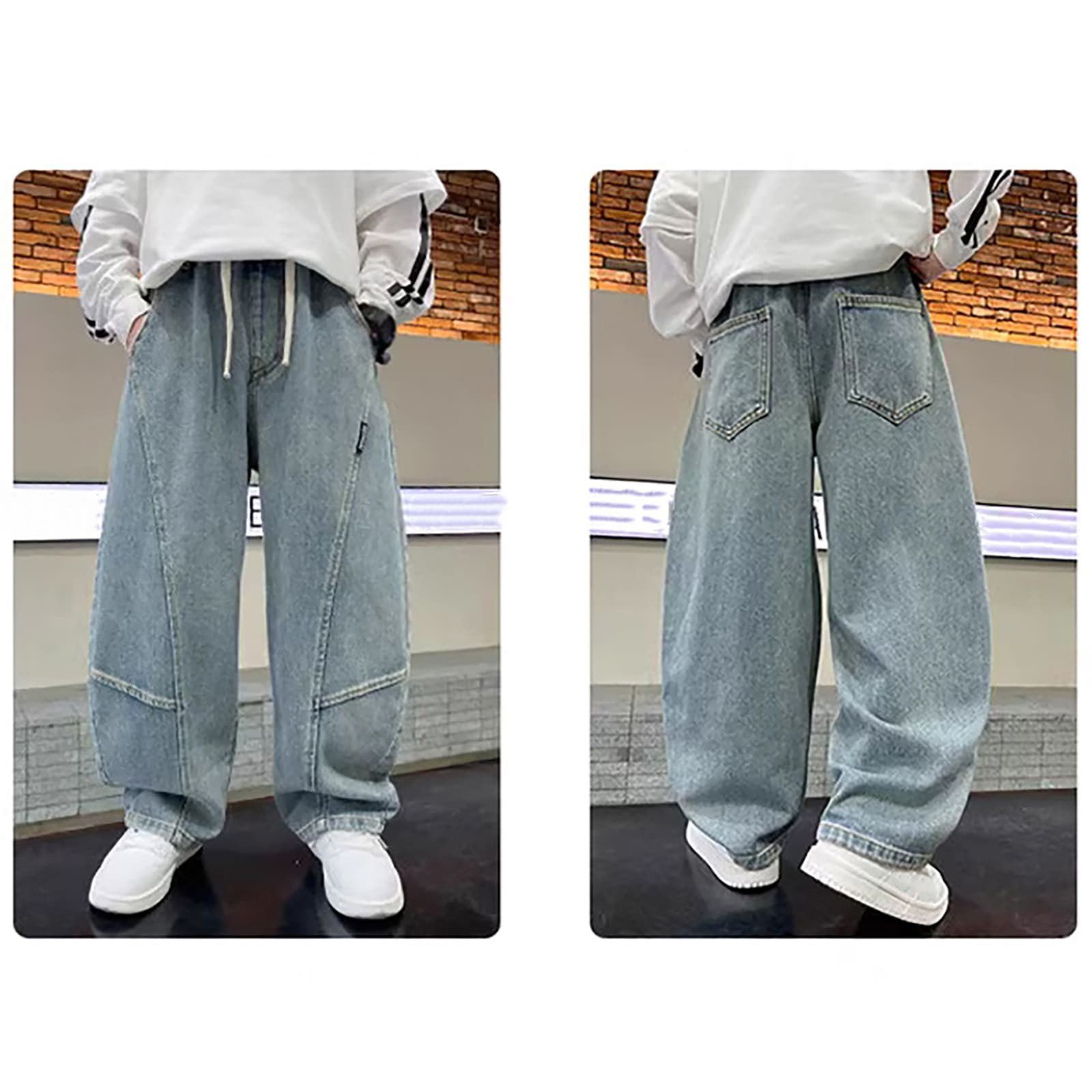 Boys Denim Pants Baggy Cargo Pants Elastic High Waisted Straight