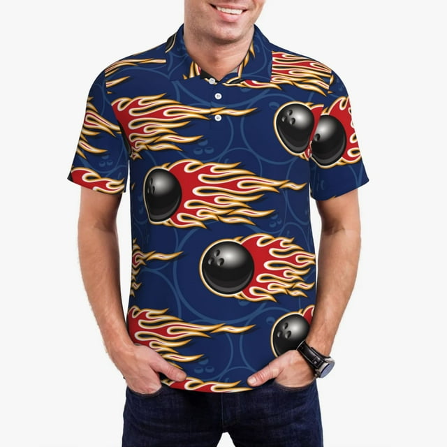Bingfone Bowling Ball And Flame for Men's Button-down POLO Shirts, Quick-drying Shirts and T-shirts for Summer, Suitable for Vacation and Business-X-Large