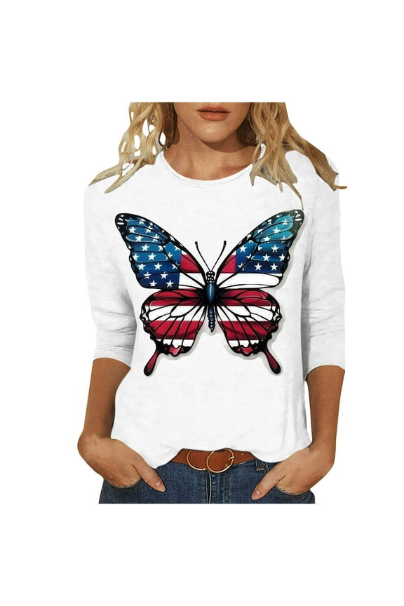 4th of July Tops for Women Crewneck 3/4 Sleeve T Shirts American Flag Tunic Tops Loose Fit USA Patriotic Graphic Summer Tees S-2XL
